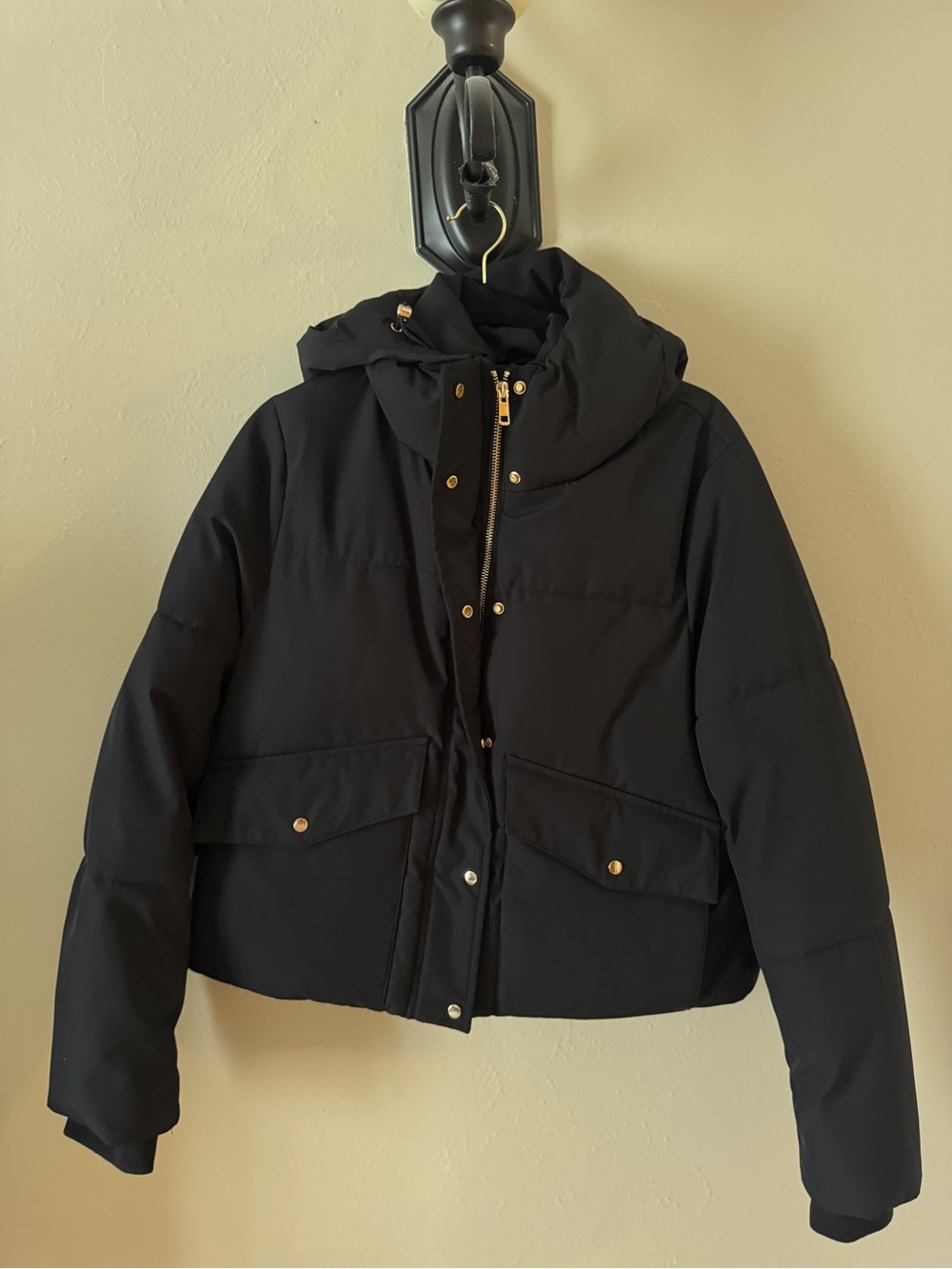 Zara Black Hooded Puffer Jacket with Gold Hardware